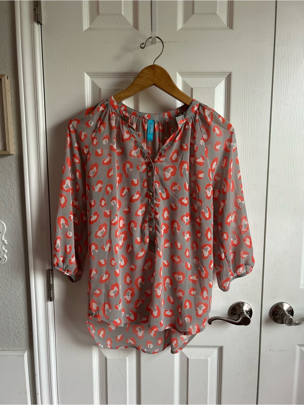 Buttons grey half sleeve gold quarter button orange leopard print sheer blouse